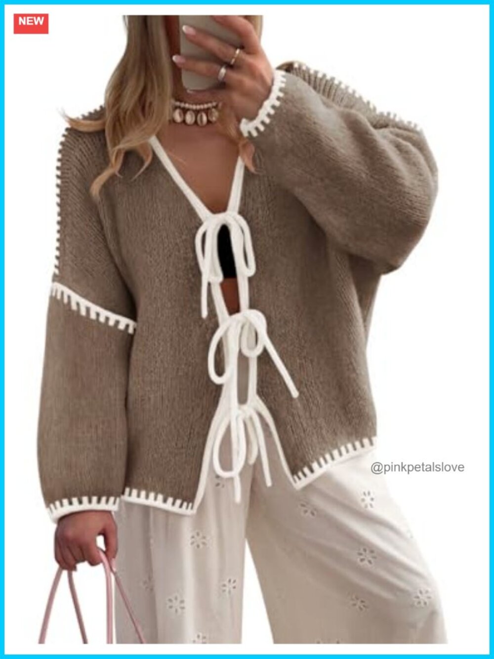 Womens Long Sleeve Cardigan Tie Front Bow Sweater Loose Knit